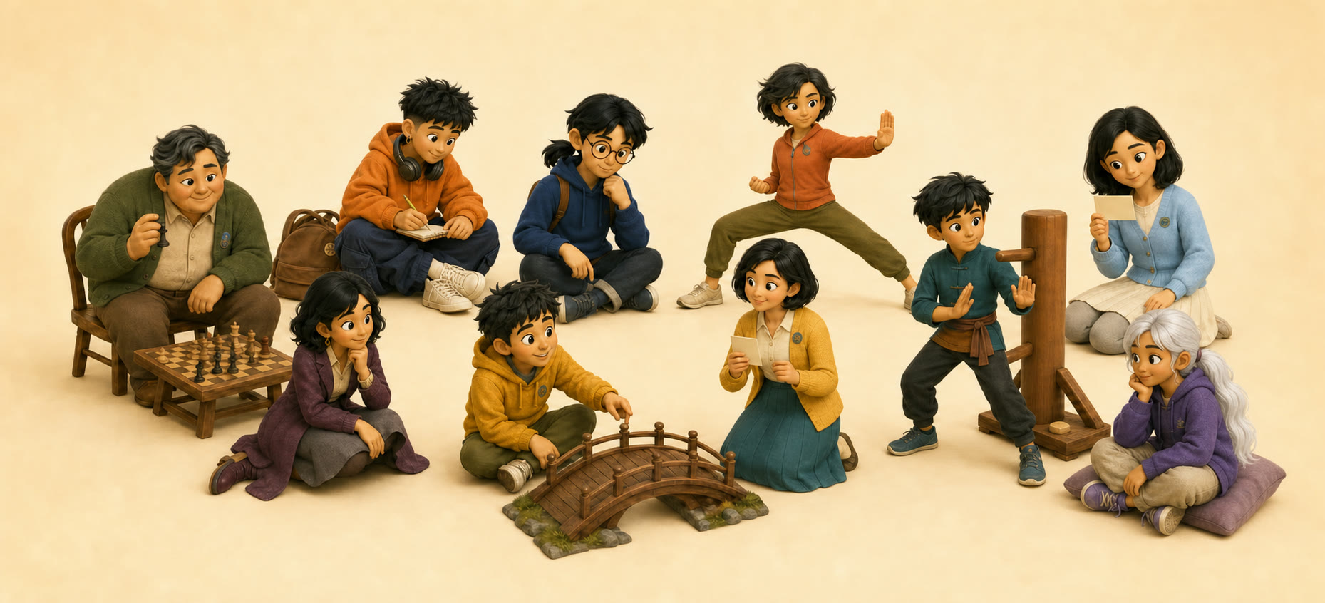 Mười nhân vật Mori, Kai, Theo, Mina, Sora, Nora, Leo, Aiko, Edison và Luna bên cây cầu gỗ nhỏ