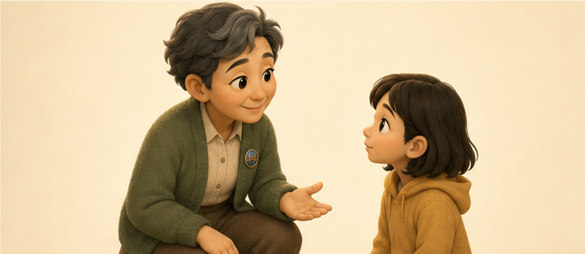Mori ngồi lắng nghe một đứa trẻ