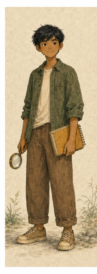Kai — thiếu niên quan sát tinh tế với áo xanh rêu và cuốn sổ phác thảo — Neutral portrait