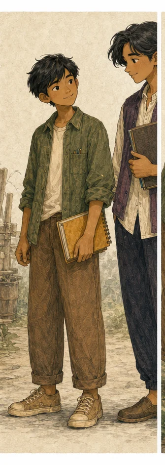 Kai — thiếu niên quan sát tinh tế với áo xanh rêu và cuốn sổ phác thảo — With a friend