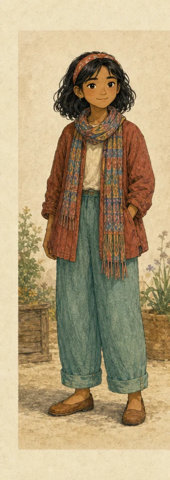 Lumi — cô gái lắng nghe cảm xúc với khăn dệt nhiều màu — Neutral portrait