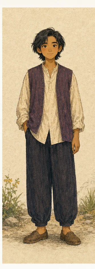 Ori — người giữ câu chuyện với gilet màu mận và cuốn sách trắng — Neutral portrait