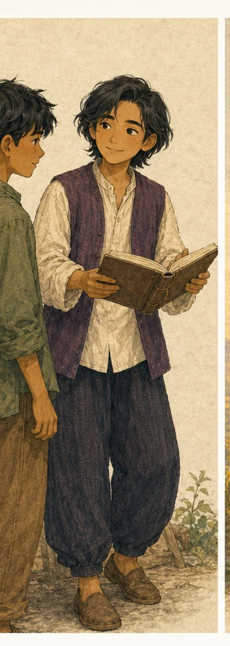 Ori — người giữ câu chuyện với gilet màu mận và cuốn sách trắng — With a friend