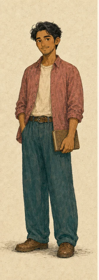 Pink — mentor trẻ của Conan Grove với overshirt hồng đất và đồng hồ cát — Neutral portrait