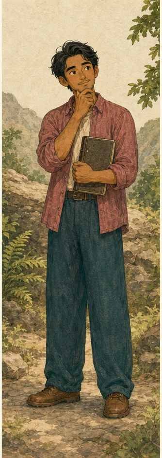 Pink — mentor trẻ của Conan Grove với overshirt hồng đất và đồng hồ cát — Noticing