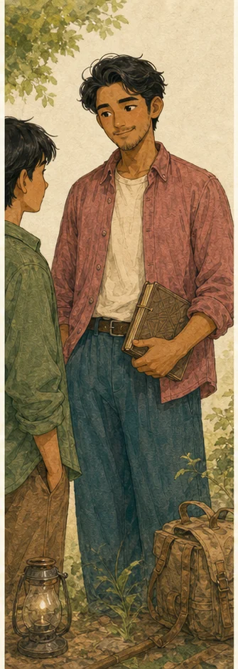Pink — mentor trẻ của Conan Grove với overshirt hồng đất và đồng hồ cát — With a friend