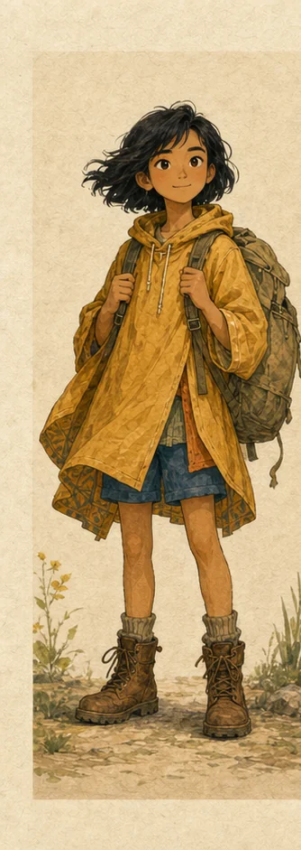 Rin — explorer nhỏ tuổi với áo choàng vàng nghệ và ba lô canvas — Neutral portrait