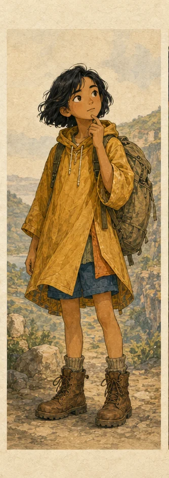 Rin — explorer nhỏ tuổi với áo choàng vàng nghệ và ba lô canvas — Noticing