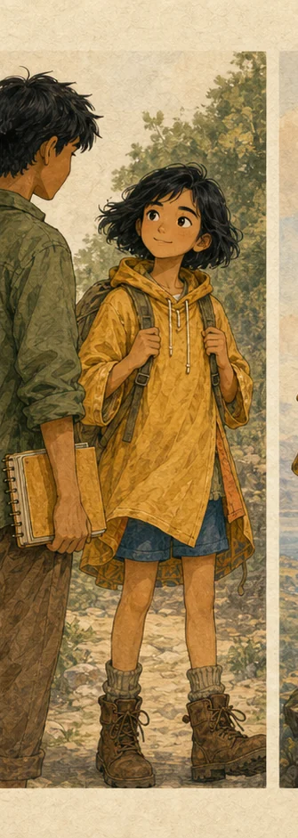 Rin — explorer nhỏ tuổi với áo choàng vàng nghệ và ba lô canvas — With a friend