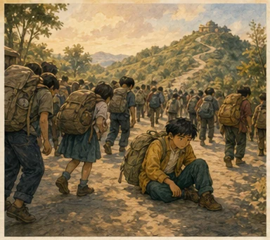 Học sinh mang những chiếc ba lô nặng trên đường đến Chuyên Hill